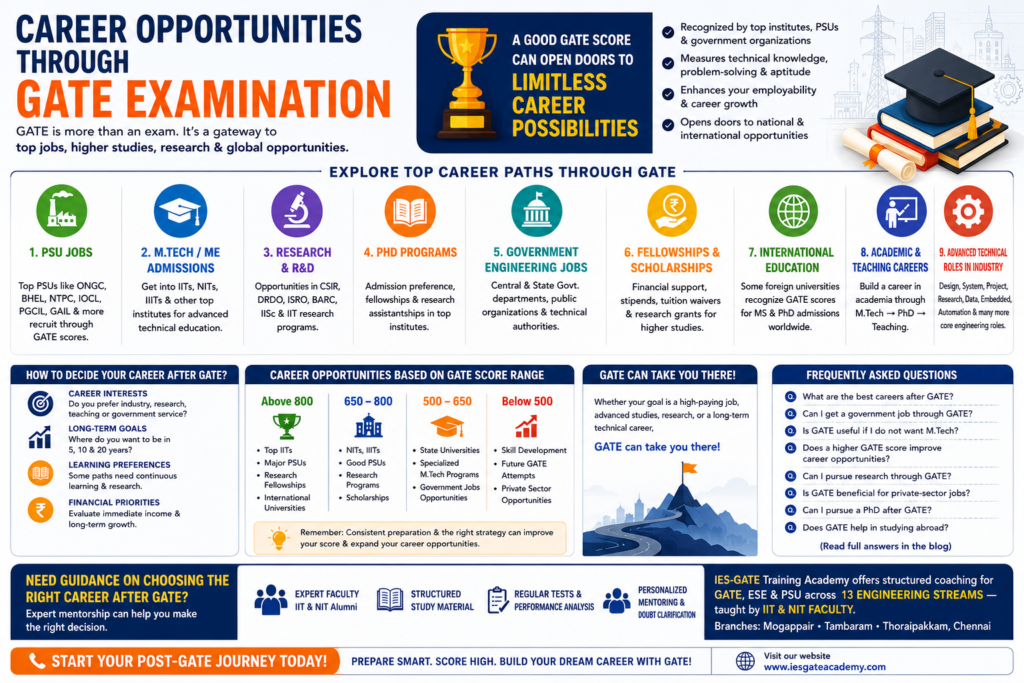 Career opportunities through GATE examination infographic showing PSU jobs, M.Tech admissions, PhD programs, research careers, government engineering jobs, scholarships, international education, teaching careers, and industry opportunities for engineering graduates.