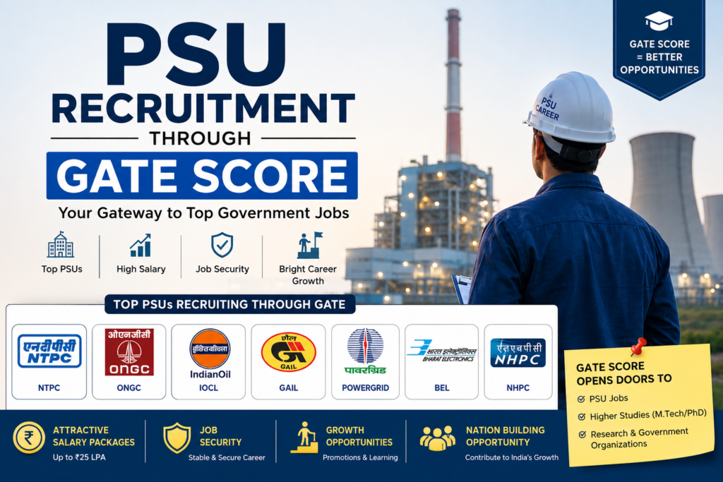 PSU Recruitment Through GATE Score – Complete guide to PSU jobs, eligibility, cutoffs, salaries, branch-wise opportunities, and career growth after GATE.